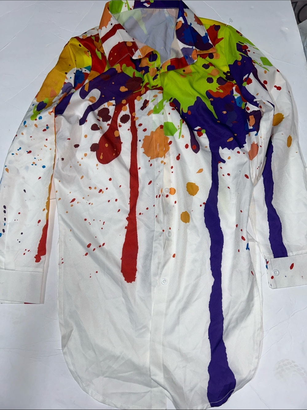 Source Unknown White Button-Down Shirt with Multicolor Paint Splatter